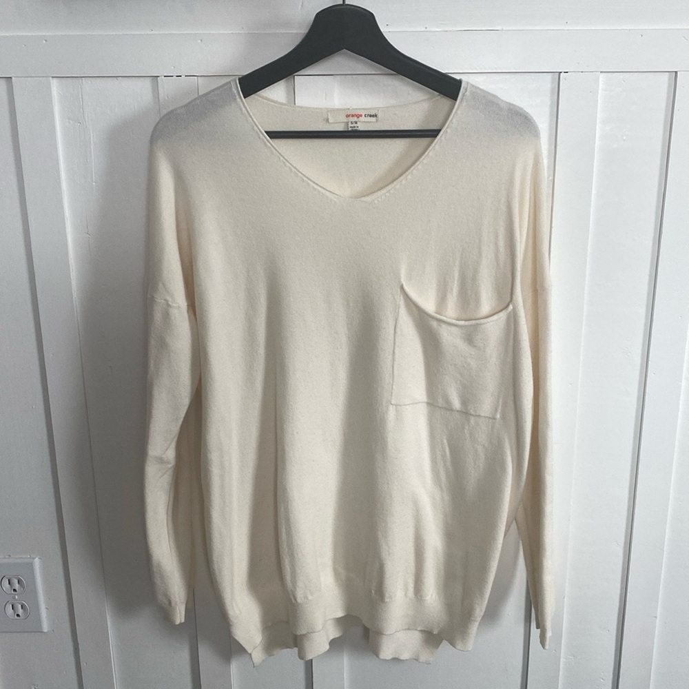 Orange Creek Oversized Relaxed Fit Raw Hem VNeck Front Pocket Long Sleeve Sz S/M